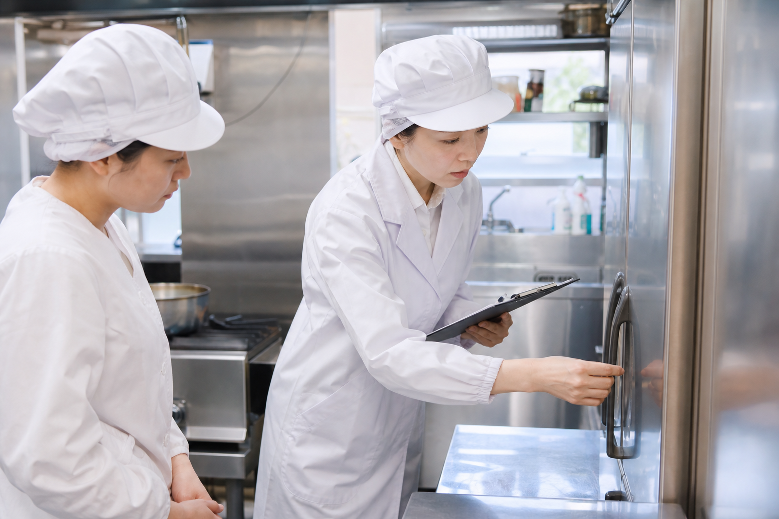 飲食店の厨房で衛生状態を確認する専門スタッフ