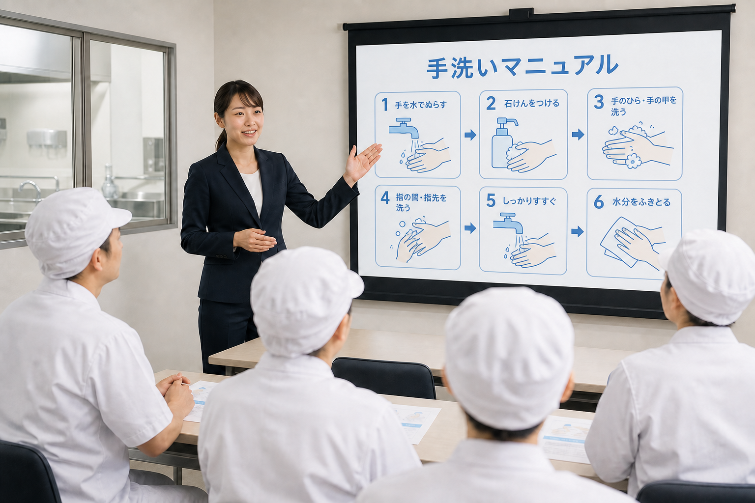 手洗いマニュアルを使って食品施設の従業員に衛生講習を行う講師